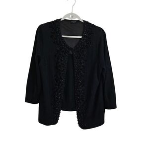 Talbots Cardigan Small Black Beaded Sequined Lambswool Blend 3/4 Sleeve Open Y2K